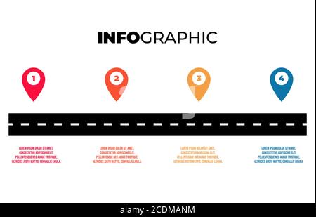 Road infographic with colorful pin pointer vector illustration . Infographic business concept isolated on white . Stock Vector