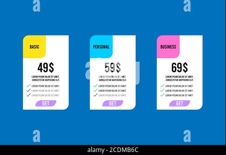 Vector pricing table for websites and applications. Isolated on blue background. Stock Vector