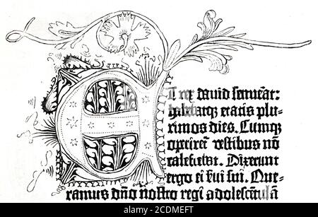 Facsimile from the first Gutenberg Bible, 42 lines. Historical illustration from Otto von Leixner: Illustrated history of German literature. Leipzig Stock Photo