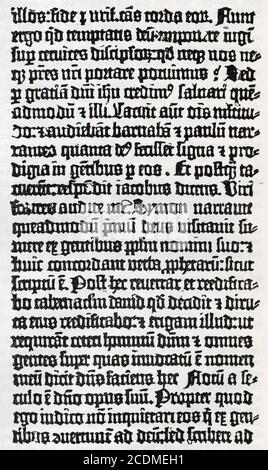 Facsimile from the first Gutenberg Bible, 42 lines. Historical illustration from Otto von Leixner: Illustrated history of German literature. Leipzig Stock Photo