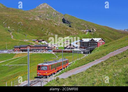 Kleine Scheidegg with mountain railway station and Jungfrau Railway, UNESCO World Natural Heritage, Wengen, Jungfrau Region, Bernese Alps, Bernese Stock Photo