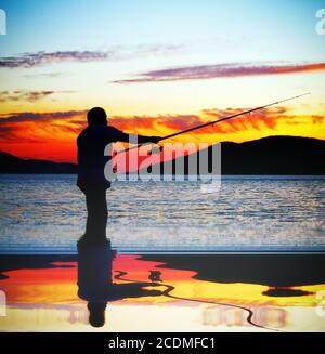 Man fishing on a lake Stock Photo