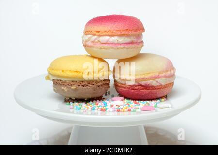 Macarons on decorative plate, Germany Stock Photo