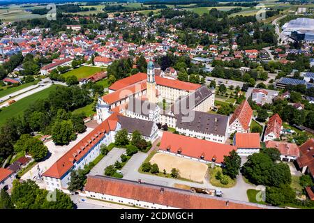 Aerial view, Imperial Abbey, Ochsenhausen Monastery, with St. George Monastery Church, Ochsenhausen, Biberach County, Upper Swabia Stock Photo