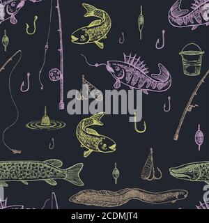 Doodle vector seamless pattern. Fishing illustration. Stock Vector