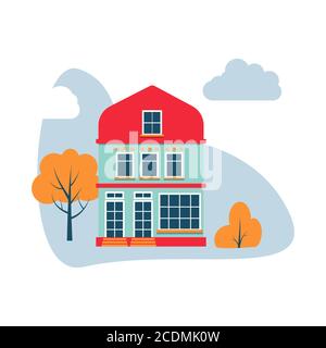 Cartoon colorful architecture Amsterdam. Exterior classic building facade flat style with tree, bush, clouds. Banner of composition with house, landscape closeup Isolated on white vector illustration Stock Vector