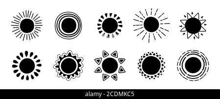 Weather black glyph set. Doodle hand drawn sun and clouds, rain or snow ...