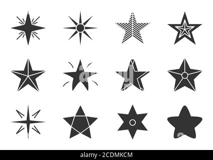 Set of star silhouette icon. Glyph starry sign for design logo. Abstract template different shape stars. Silhouette classic rank reward in game or web site premium rating Isolated vector illustration Stock Vector
