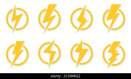 Yellow lightning bolt icons set. Electrical strike sign in circle. Great for design logo voltage power and danger of electric shock. Symbol energy and thunder electricity Isolated vector illustration Stock Vector