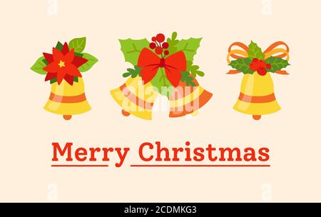 Greeting Merry Christmas postcard. Bells with bows and holly. Holiday golden campane collection. Flat cartoon design elements. New year, christmas composition. Isolated vector illustration Stock Vector