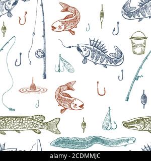 Doodle vector seamless pattern. Fishing illustration. Stock Vector