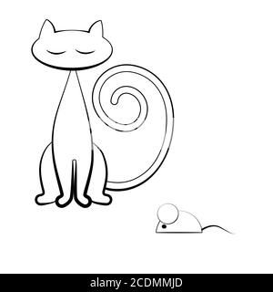 Cat and mouse in full face. A black-and-white outline image on a white isolated background. Vector illustration Stock Vector