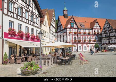 Half-timbered houses and town hall at the market place, Bad Urach, Swabian Alb, Baden-Wuerttemberg, Germany Stock Photo