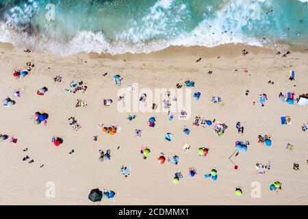 Aerial view, beach with bathers from above, Cala Agulla, Cala Mesquida, Majorca, Balearic Islands, Spain Stock Photo