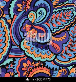 Seamless psychedelic pattern with crazy colorful ornamental elements. Stock Vector
