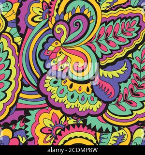 Seamless psychedelic pattern with crazy colorful ornamental elements. Stock Vector