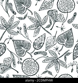 Autumn seamless pattern with ornamental leafs and seed. Hand drawn vector illustration.  Stock Vector