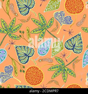 Autumn seamless pattern with ornamental leafs and seed. Hand drawn vector illustration.  Stock Vector