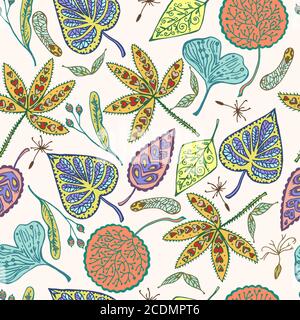 Autumn seamless pattern with ornamental leafs and seed. Hand drawn vector illustration.  Stock Vector