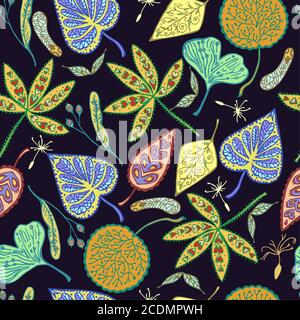 Autumn seamless pattern with ornamental leafs and seed. Hand drawn vector illustration.  Stock Vector