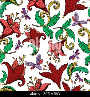 Vintage ink drawn lily flowers and butterflies. Retro decoration elements. Stock Vector