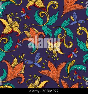 Vintage ink drawn lily flowers and butterflies. Retro decoration elements. Stock Vector