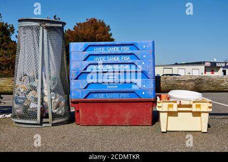 Fish Boxes in Bork Havn, Midtjylland, Denmark Stock Photo