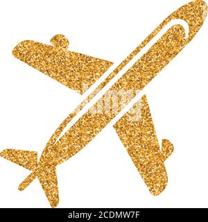 Airplane icon in gold glitter texture. Sparkle luxury style vector illustration. Stock Vector