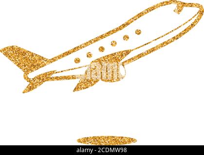 Airplane icon in gold glitter texture. Sparkle luxury style vector illustration. Stock Vector