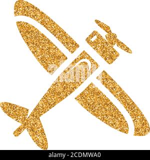 Vintage airplane icon in gold glitter texture. Sparkle luxury style vector illustration. Stock Vector