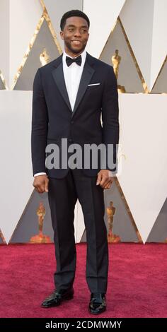 FILE: 29th Aug 2020. Hollywood, United States Of America. 28th Feb, 2016. HOLLYWOOD, CA - FEBRUARY 28: Chadwick Boseman attends the 88th Annual Academy Awards at Hollywood & Highland Center on February 28, 2016 in Hollywood, California. People: Chadwick Boseman Credit: Storms Media Group/Alamy Live News Stock Photo