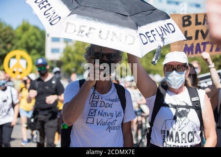 Portland, Oregon, USA. 28th Aug, 2020. Thousands of people marched in the 'March on Portland, Following the Dream'' which coincided with the March on Washington, DC on Friday, August 28, 2020. Today marks the 57th Anniversary of Dr. King, Jr.'s ''I Have A Dream, '' speech. The Portland march was organized by Portland's NAACP chapter and Fridays 4 Freedom, a Black youth organization, organized. Credit: Katharine Kimball/ZUMA Wire/Alamy Live News Stock Photo