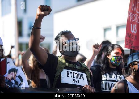 Portland, Oregon, USA. 28th Aug, 2020. Thousands of people marched in the 'March on Portland, Following the Dream'' which coincided with the March on Washington, DC on Friday, August 28, 2020. Today marks the 57th Anniversary of Dr. King, Jr.'s ''I Have A Dream, '' speech. The Portland march was organized by Portland's NAACP chapter and Fridays 4 Freedom, a Black youth organization, organized. Credit: Katharine Kimball/ZUMA Wire/Alamy Live News Stock Photo