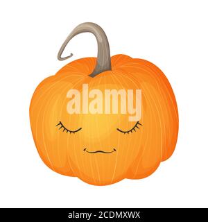 Cute pumpkin with sleeping face. Halloween kawaii mascot – little pumpkin. Cartoon vector character illustration. Isolated on white background. Stock Vector