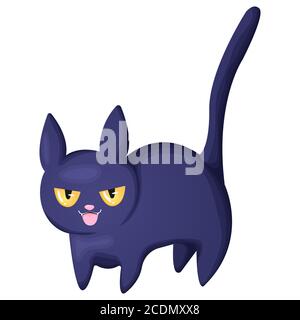 Cute bristling black cat with scary muzzle. Vector character in cartoons style. Halloween symbol - funny black cat. Isolated on white background.