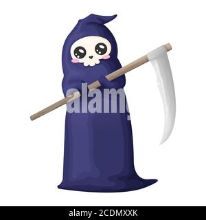Cute cartoon grim reaper with scythe isolated on white background. Vector illustration. Kawaii Halloween skeleton character icon. Stock Vector