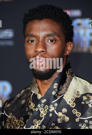 Hollywood, United States. 28th Aug, 2020. (FILE) Chadwick Boseman Dead at 43 After Battle With Colon Cancer. HOLLYWOOD, LOS ANGELES, CALIFORNIA, USA - JANUARY 29: Actor Chadwick Boseman arrives at the World Premiere Of Disney And Marvel's 'Black Panther' held at the Dolby Theatre on January 29, 2018 in Hollywood, Los Angeles, California, United States. (Photo by Xavier Collin/Image Press Agency) Credit: Image Press Agency/Alamy Live News Stock Photo