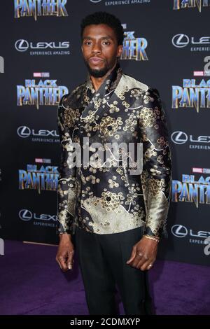 Hollywood, United States. 28th Aug, 2020. (FILE) Chadwick Boseman Dead at 43 After Battle With Colon Cancer. HOLLYWOOD, LOS ANGELES, CALIFORNIA, USA - JANUARY 29: Actor Chadwick Boseman arrives at the World Premiere Of Disney And Marvel's 'Black Panther' held at the Dolby Theatre on January 29, 2018 in Hollywood, Los Angeles, California, United States. (Photo by Xavier Collin/Image Press Agency) Credit: Image Press Agency/Alamy Live News Stock Photo