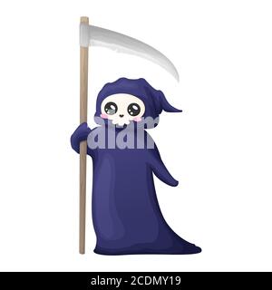 Cute cartoon grim reaper with scythe isolated on white background. Vector illustration. Kawaii Halloween skeleton character icon. Stock Vector