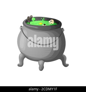 Witch cauldron with bubbling green liquid isolated on white background. Symbol of witchcraft. Dark boiling cauldron. Traditional halloween element. Ve Stock Vector