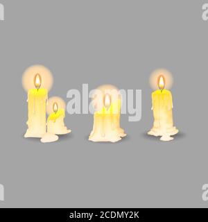 Candle collection in cartoons style on white background. Set of yellow candles with flames in Cartoon style. Vector illustration Stock Vector