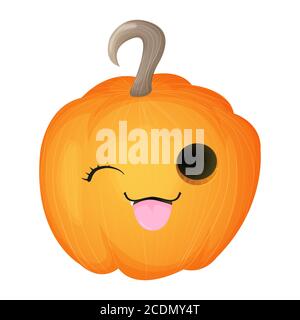 Cute pumpkin with happy smiling face. Halloween kawaii mascot – little pumpkin. Cartoon vector character illustration. Isolated on white background. Stock Vector