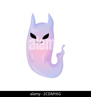 Funny Halloween Vector Illustration with Ghost Cat. Cute ghost with cat ears in purple and blue colors. Isolated on white background. Stock Vector