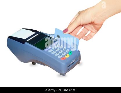 Hand swiping generic credit card on an over counter POS terminal Stock Photo