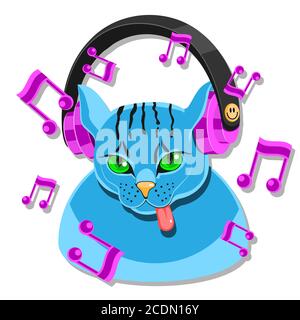 The cat s avatar in headphones shows the language of the note on a white isolated background. Vector image Stock Vector