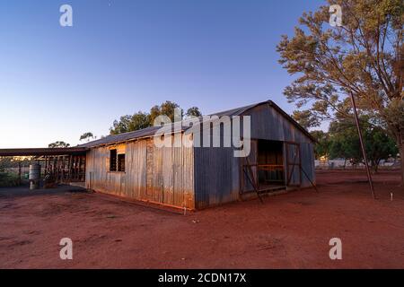 wooden shearing shed at sunrise, charleville, queensland