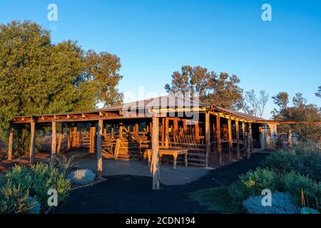 Wooden Shearing Shed at sunrise, Charleville, Queensland, Australia Stock Photo