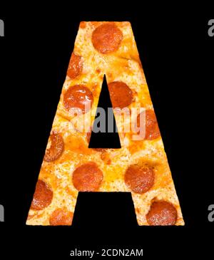 letter A cut out of pizza with peperoni Stock Photo