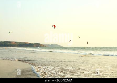 India, GOA - 21 February, 2013: People ride on Kitesurf at sea in Goa Stock Photo