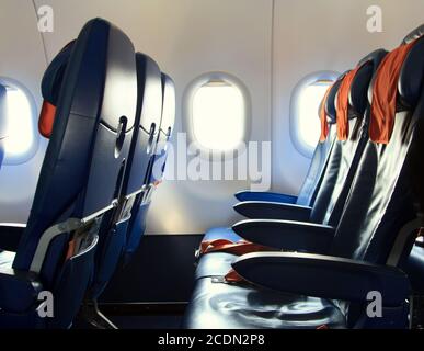 Volgograd, Russian Federation, August 07,2015:  Chairs in the plane of Aeroflot company Stock Photo